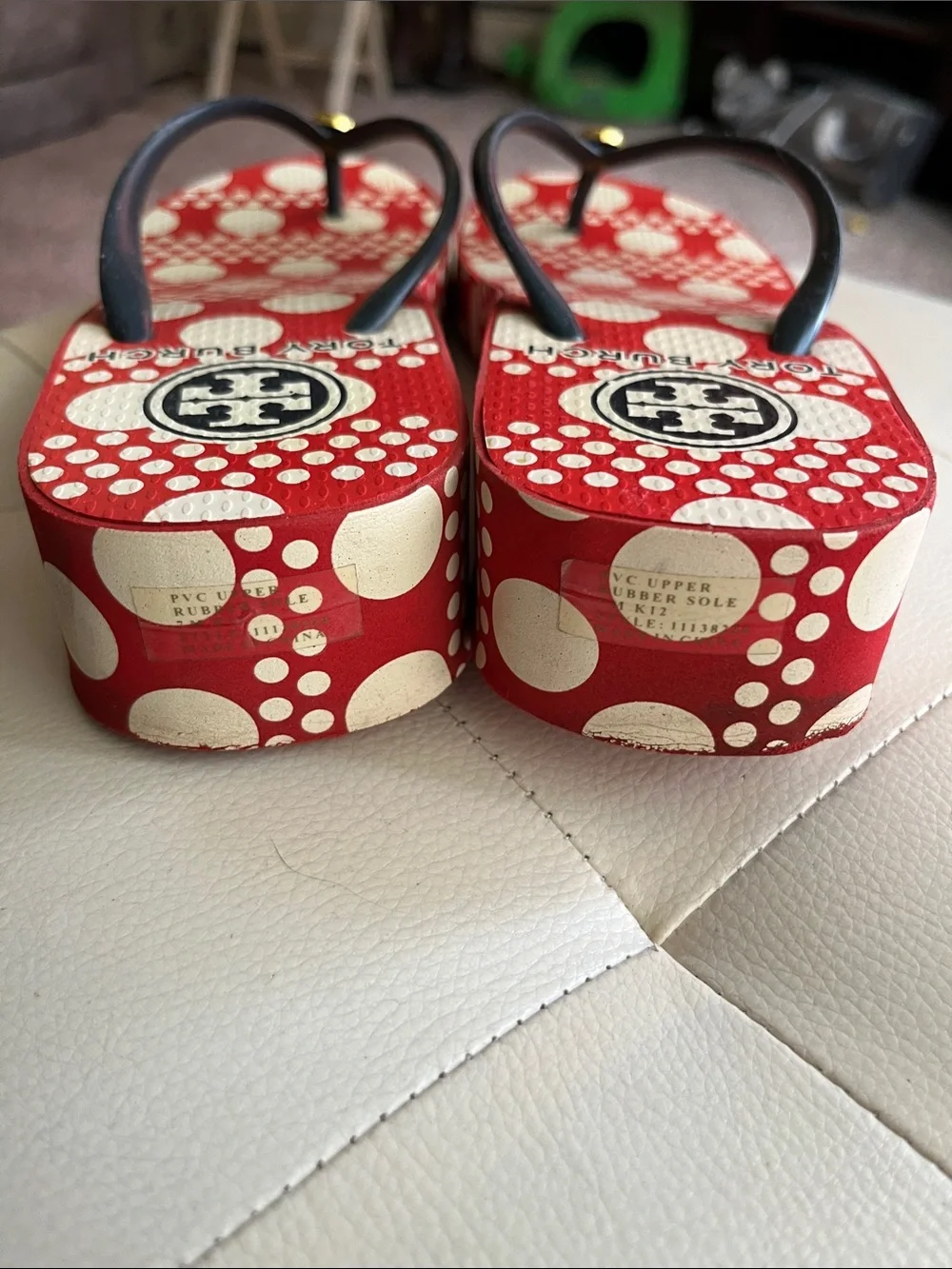 Tory Burch Red & Cream Polka Dot Flip Flop Sandals with Blue straps